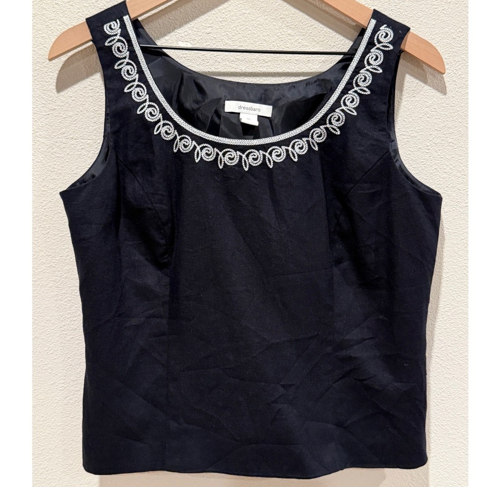 DRESSBARN Women Sleeveless Linen Blend Top Size 10 Embroidered Classic Boho